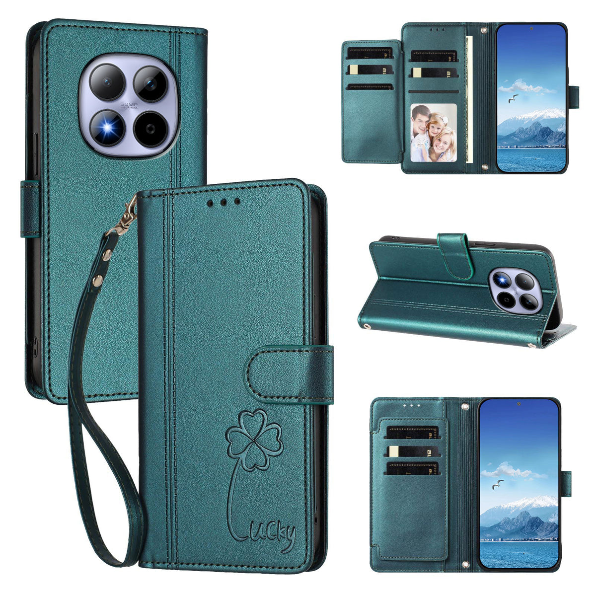 Xiaomi Poco M8 Pro 5G / Xiaomi Redmi Note 15 Pro+ 5G (Global) Plånboksfodral 9 kortfack Lucky Clover Imprint Lädermobilfodral med handledsrem