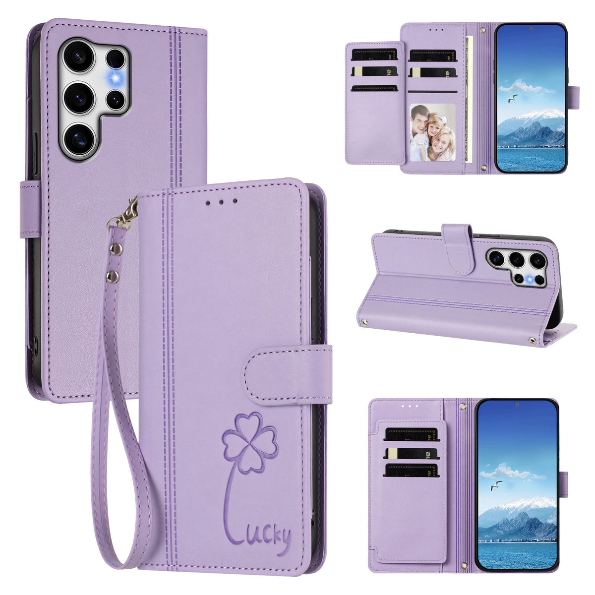 Samsung Galaxy S25 Ultra-pung med 9 kortlommer, Lucky Clover-prægning, lædermobilcover med håndledsrem