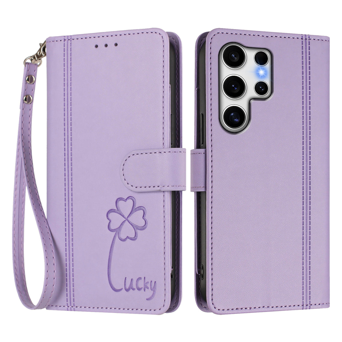 Samsung Galaxy S25 Ultra-pung med 9 kortlommer, Lucky Clover-prægning, lædermobilcover med håndledsrem
