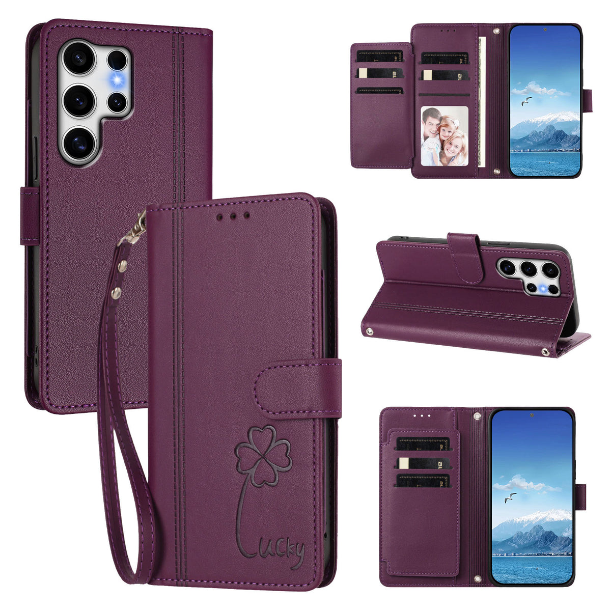Samsung Galaxy S25 Ultra-pung med 9 kortlommer, Lucky Clover-prægning, lædermobilcover med håndledsrem