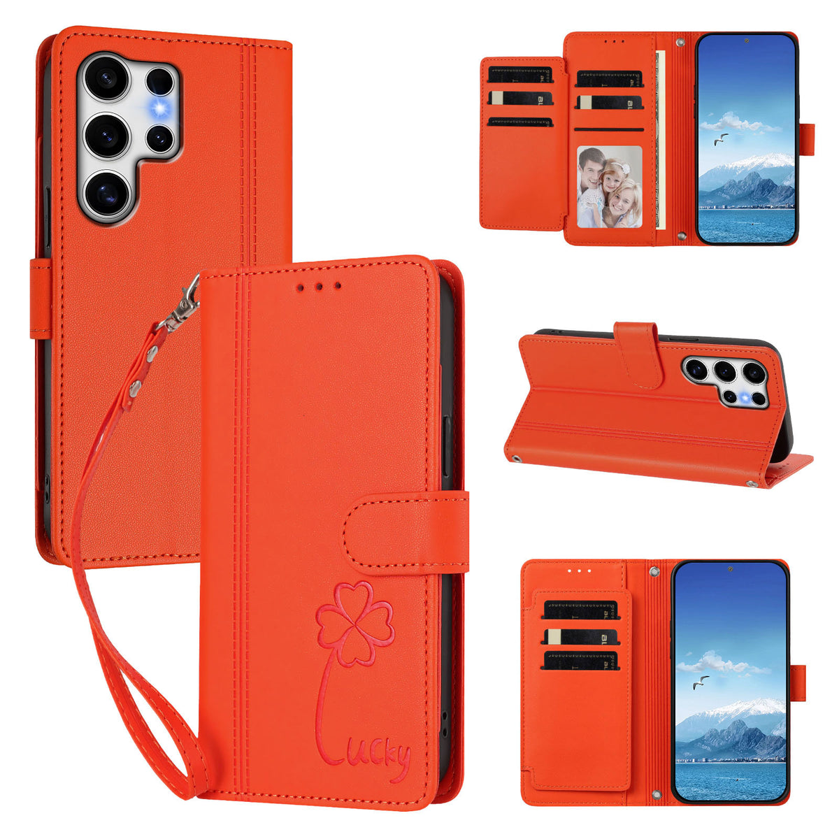 Samsung Galaxy S25 Ultra-pung med 9 kortlommer, Lucky Clover-prægning, lædermobilcover med håndledsrem