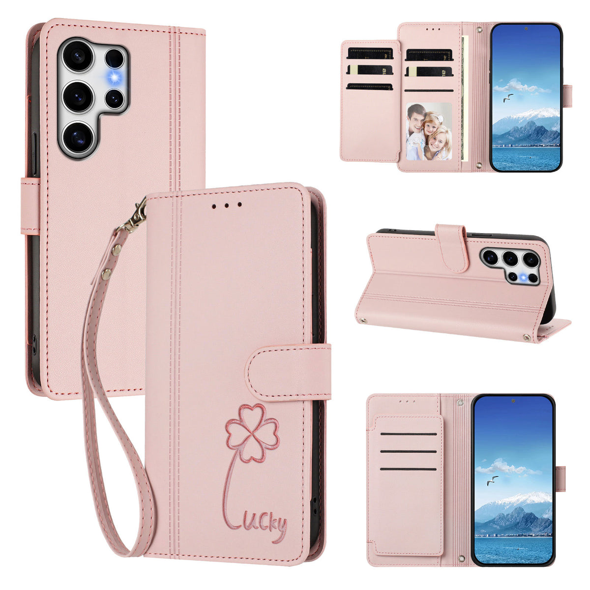 Samsung Galaxy S25 Ultra-pung med 9 kortlommer, Lucky Clover-prægning, lædermobilcover med håndledsrem
