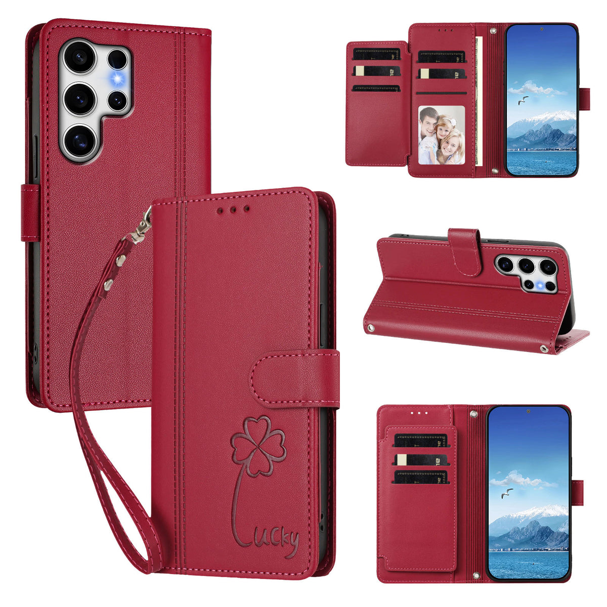 Samsung Galaxy S25 Ultra-pung med 9 kortlommer, Lucky Clover-prægning, lædermobilcover med håndledsrem