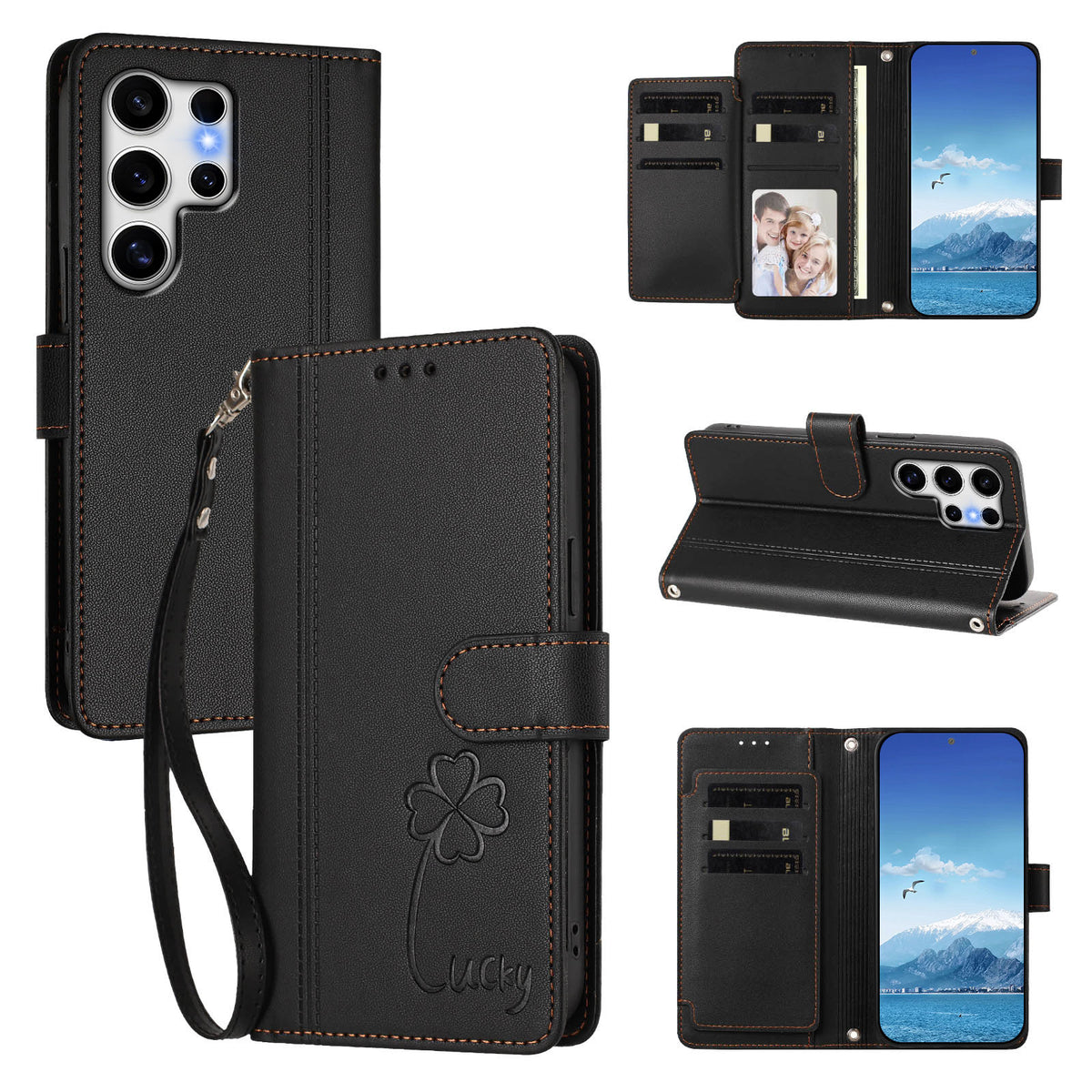 Samsung Galaxy S25 Ultra-pung med 9 kortlommer, Lucky Clover-prægning, lædermobilcover med håndledsrem