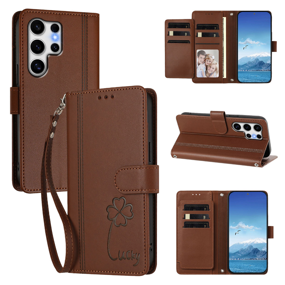 Samsung Galaxy S25 Ultra-pung med 9 kortlommer, Lucky Clover-prægning, lædermobilcover med håndledsrem