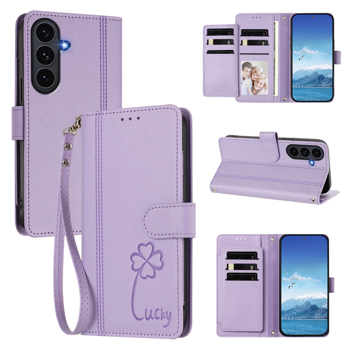 Samsung Galaxy S25 FE-pungeetui med 9 kortlommer, Lucky Clover-aftryk, lædermobilcover med håndledsrem
