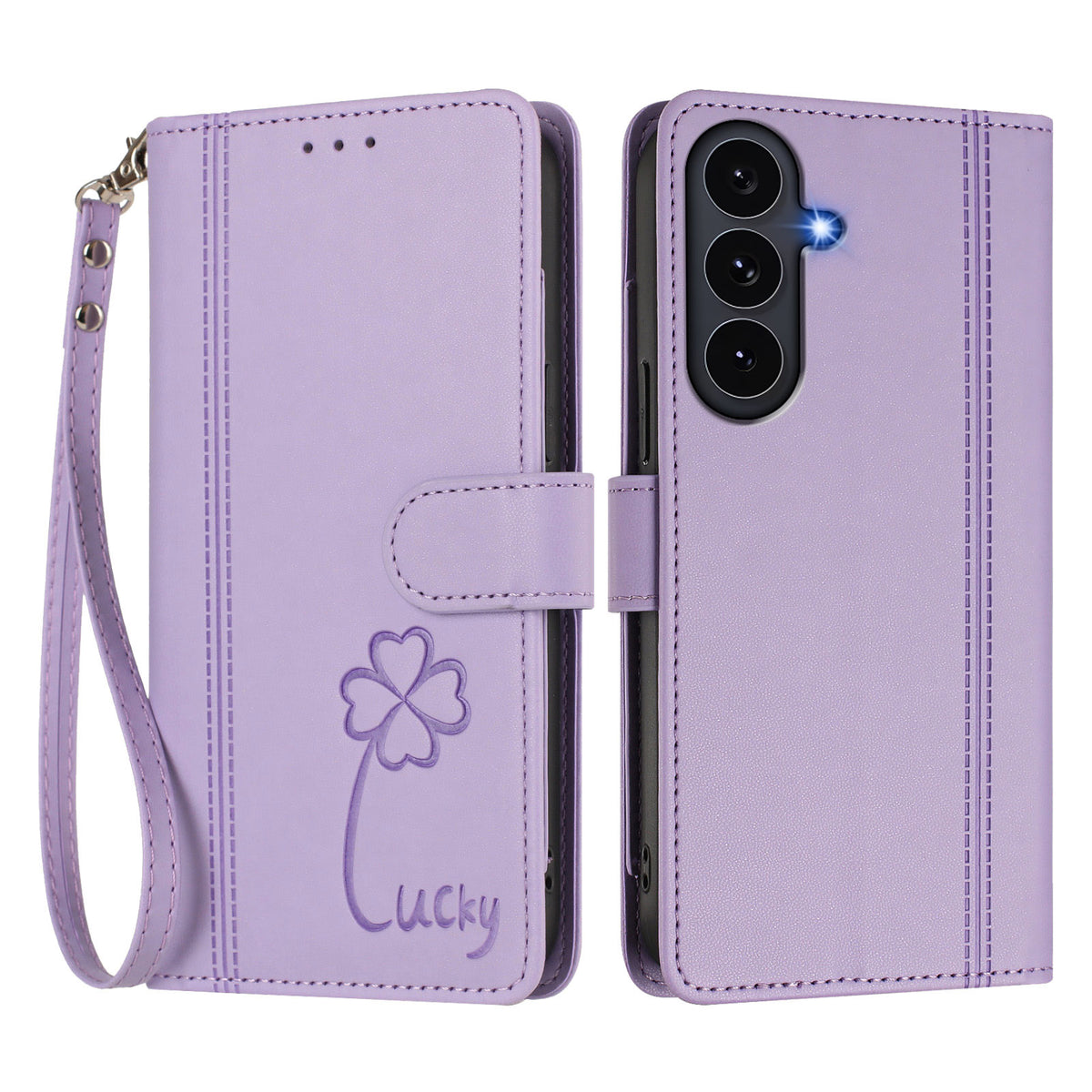 Samsung Galaxy S25 FE-pungeetui med 9 kortlommer, Lucky Clover-aftryk, lædermobilcover med håndledsrem