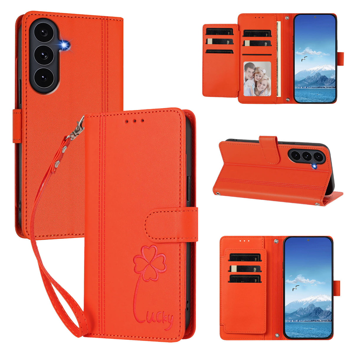 Samsung Galaxy S25 FE-pungeetui med 9 kortlommer, Lucky Clover-aftryk, lædermobilcover med håndledsrem