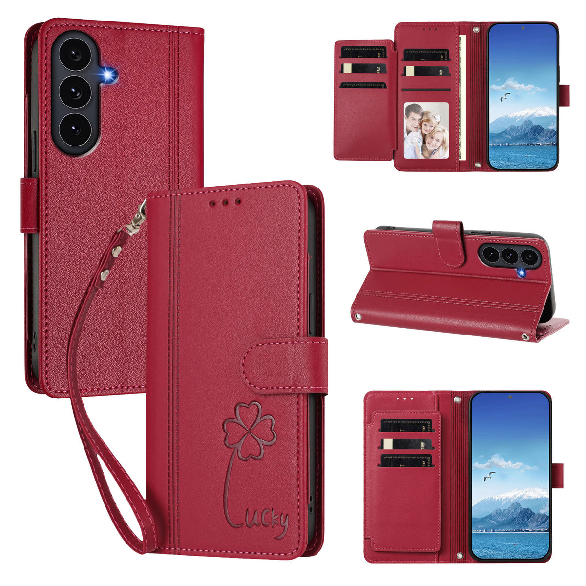 Samsung Galaxy S25 FE-pungeetui med 9 kortlommer, Lucky Clover-aftryk, lædermobilcover med håndledsrem
