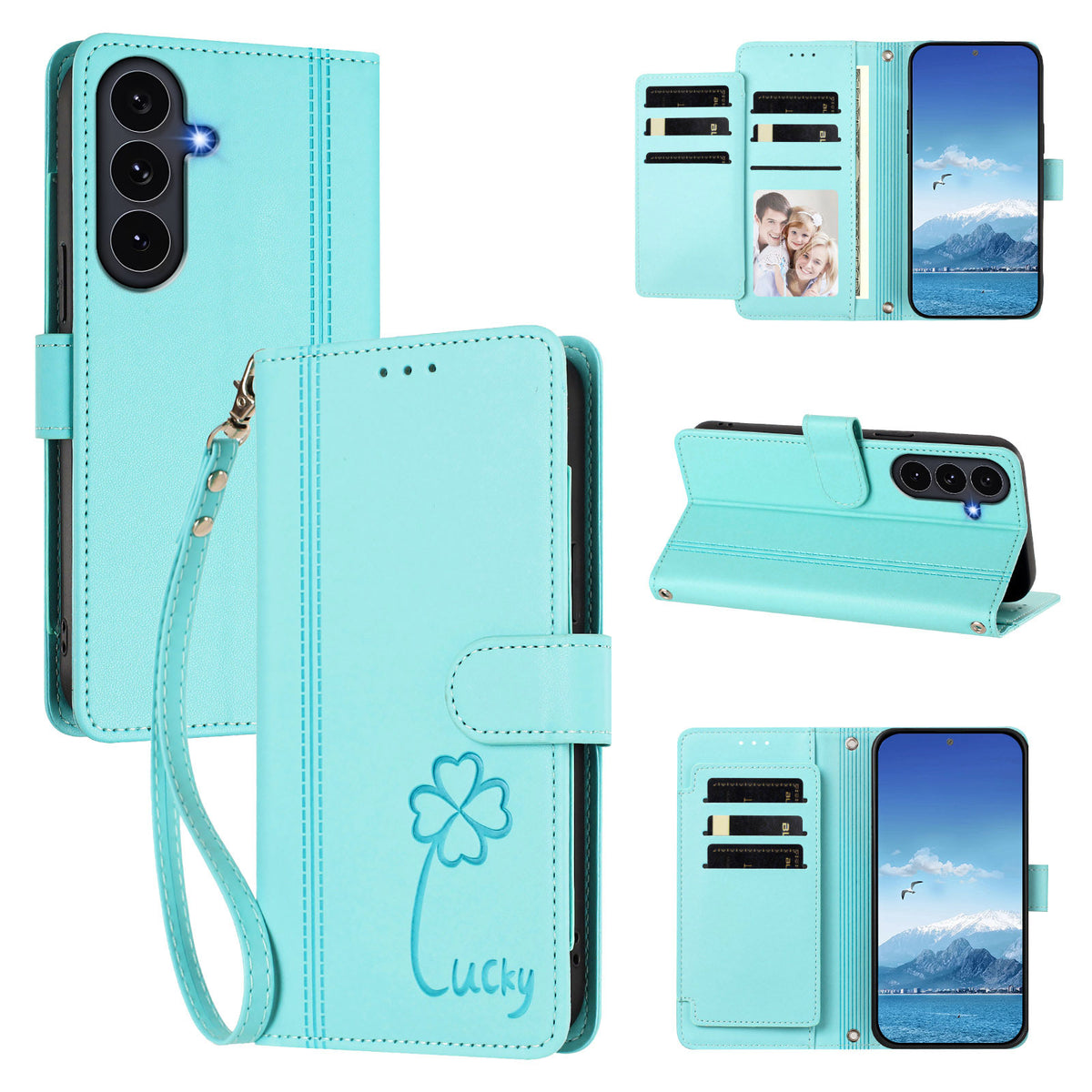 Samsung Galaxy S25 FE-pungeetui med 9 kortlommer, Lucky Clover-aftryk, lædermobilcover med håndledsrem