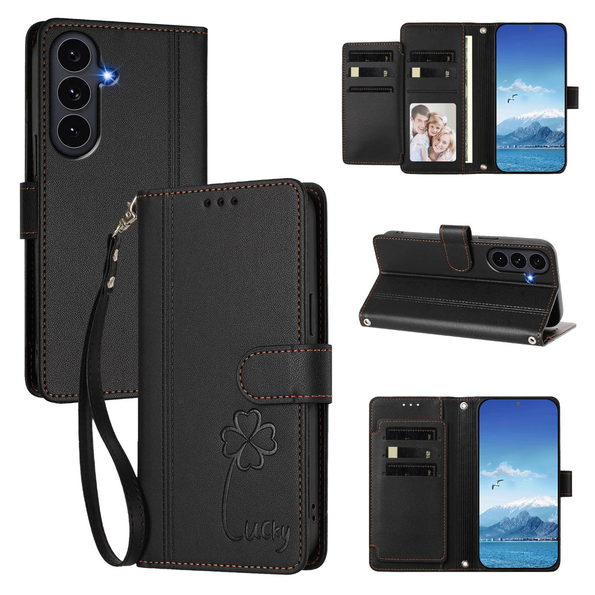Samsung Galaxy S25 FE-pungeetui med 9 kortlommer, Lucky Clover-aftryk, lædermobilcover med håndledsrem