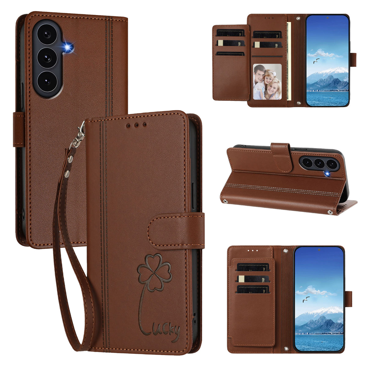 Samsung Galaxy S25 FE-pungeetui med 9 kortlommer, Lucky Clover-aftryk, lædermobilcover med håndledsrem