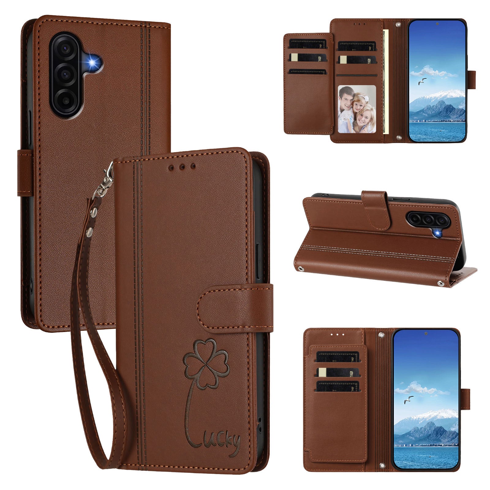 Samsung Galaxy A36 5G / Galaxy A56 5G / Galaxy A37 5G Plånboksfodral 9 kortfack Lucky Clover Imprint Lädermobilfodral med handledsrem