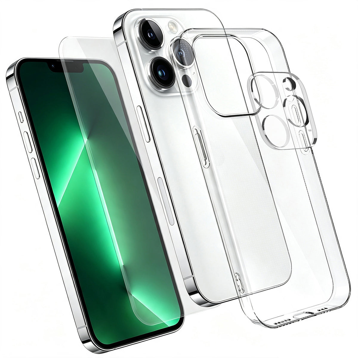 For iPhone 13 Pro Case 3 in 1 TPU Clear Phone Cover with High Aluminium-silicon Glass Screen Protector + Lens Protector