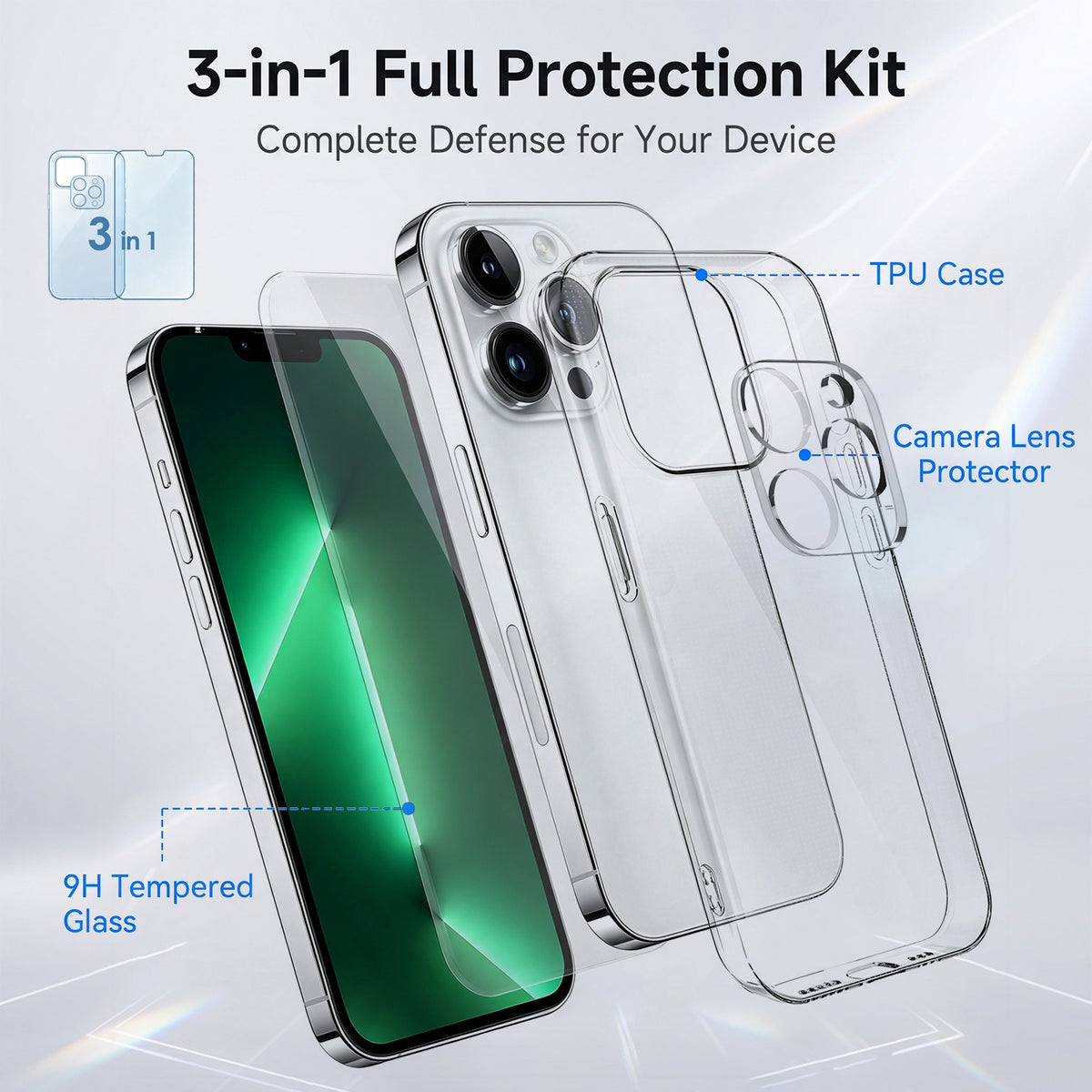 For iPhone 13 Pro Case 3 in 1 TPU Clear Phone Cover with High Aluminium-silicon Glass Screen Protector + Lens Protector