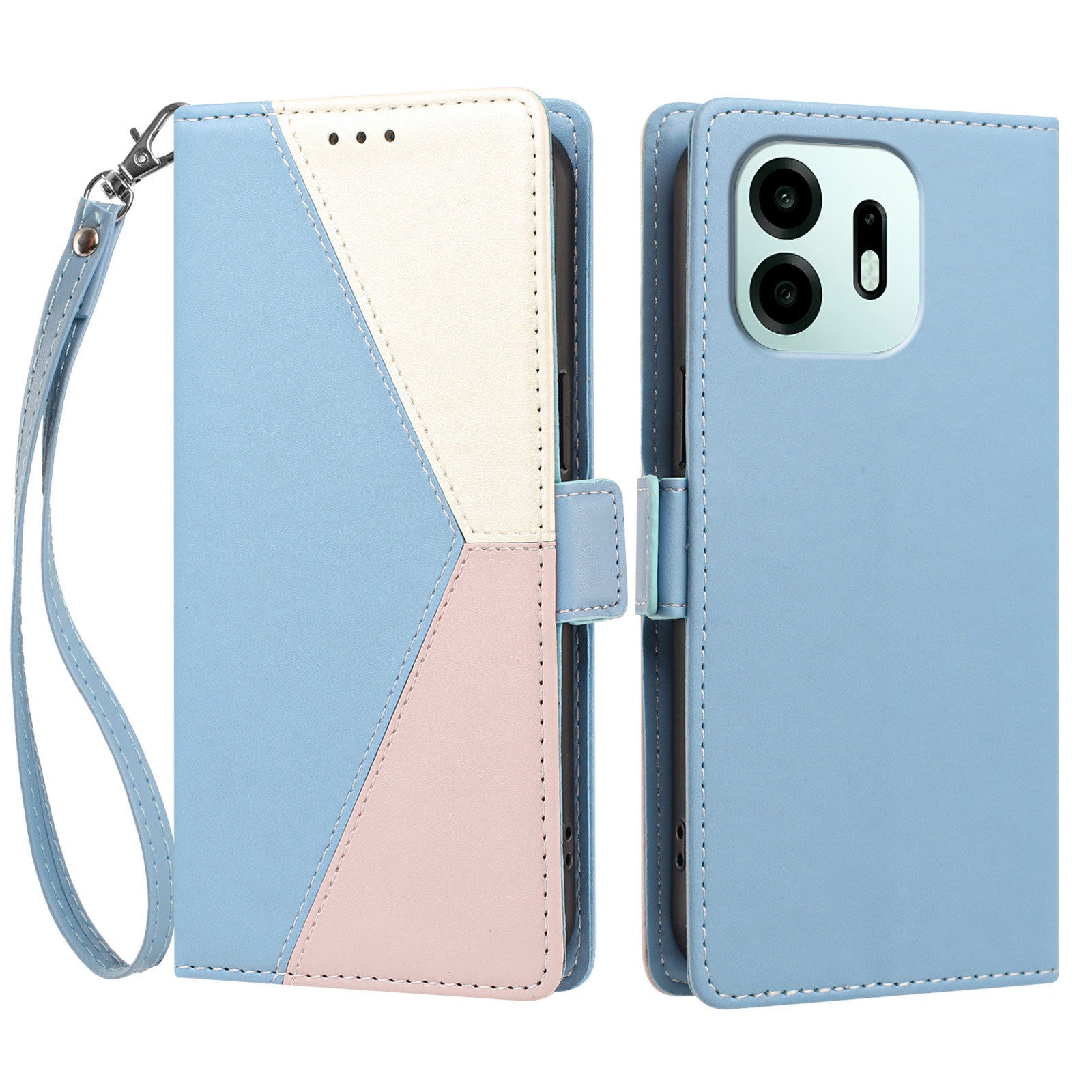 For OnePlus N6 4G Case Color Stitching RFID Blocking Wallet Flip Leather Phone Cover with Wrist Strap