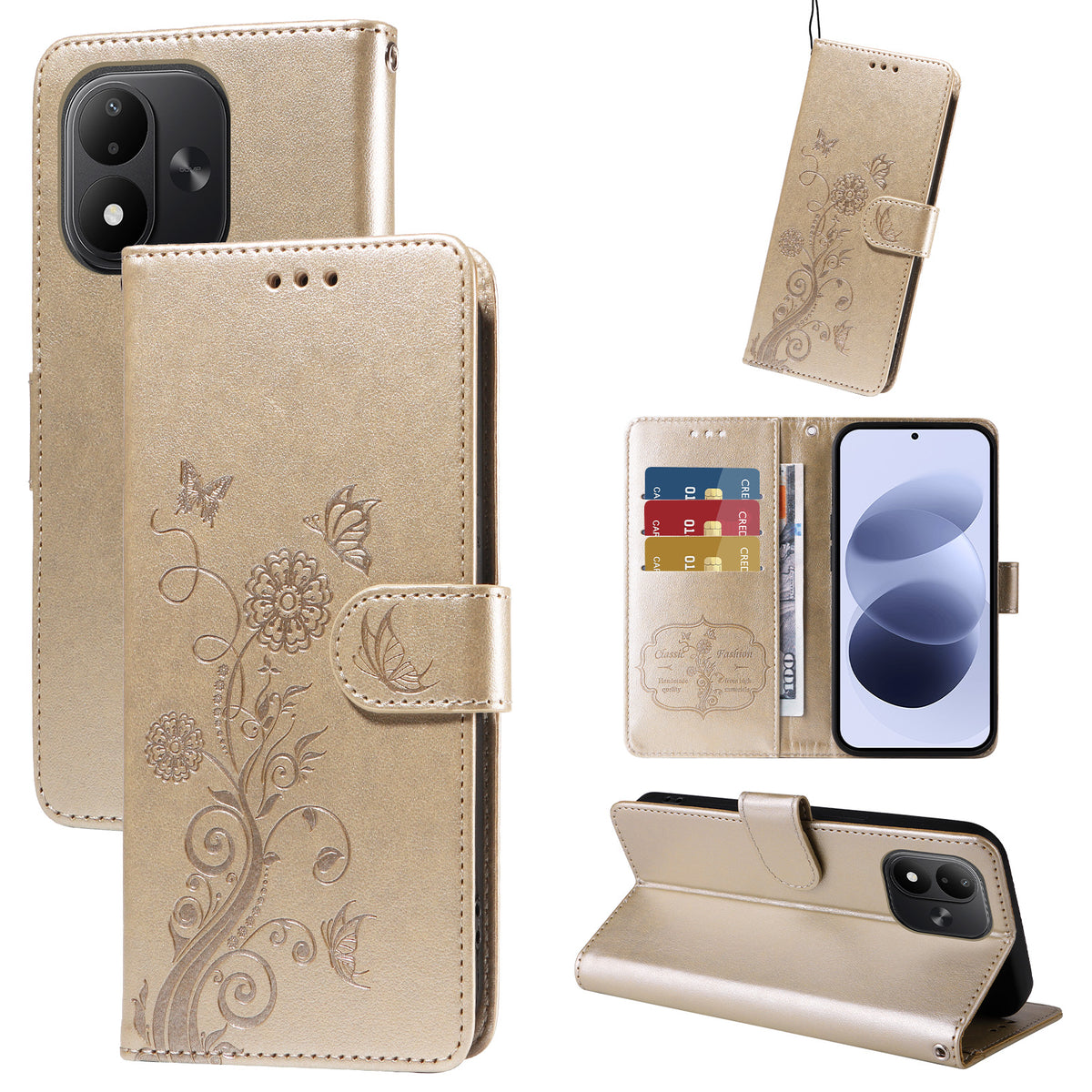 For Xiaomi Redmi Note 17 4G (Global) / Note 17 5G (Global) / Note 17 (India / China) 5G Leather Case Butterfly Floral Imprint Wallet Stand Cover
