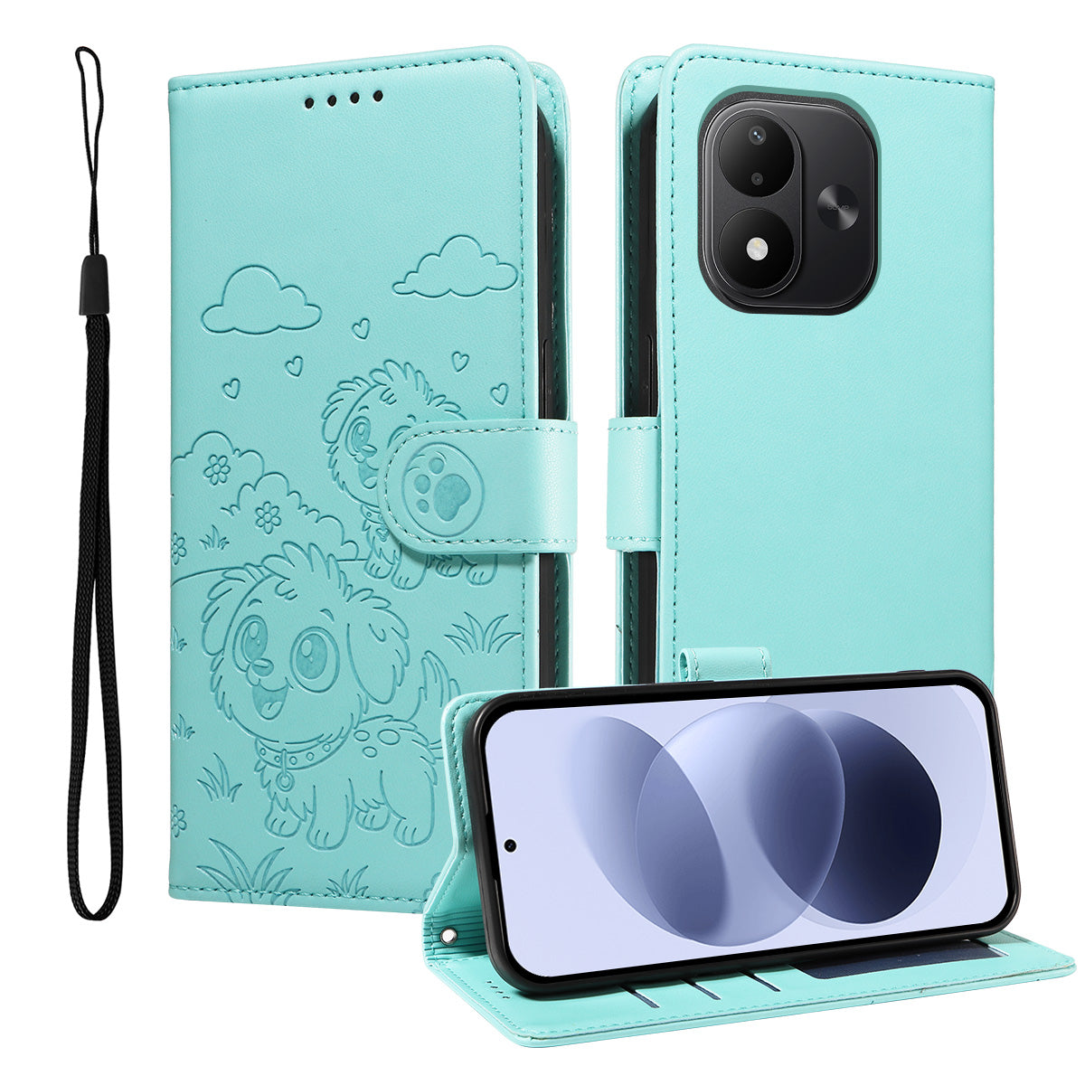 For Xiaomi Redmi Note 17 4G (Global) / Note 17 5G (Global) / Note 17 (India / China) 5G Case RFID Blocking Imprinted Dog Pattern PU Leather Phone Cover with Wrist Strap