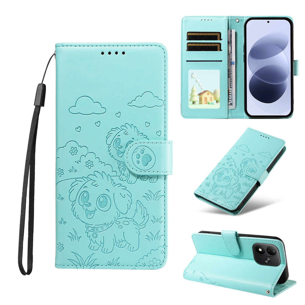 For Xiaomi Redmi Note 17 4G (Global) / Note 17 5G (Global) / Note 17 (India / China) 5G Case RFID Blocking Imprinted Dog Pattern PU Leather Phone Cover with Wrist Strap