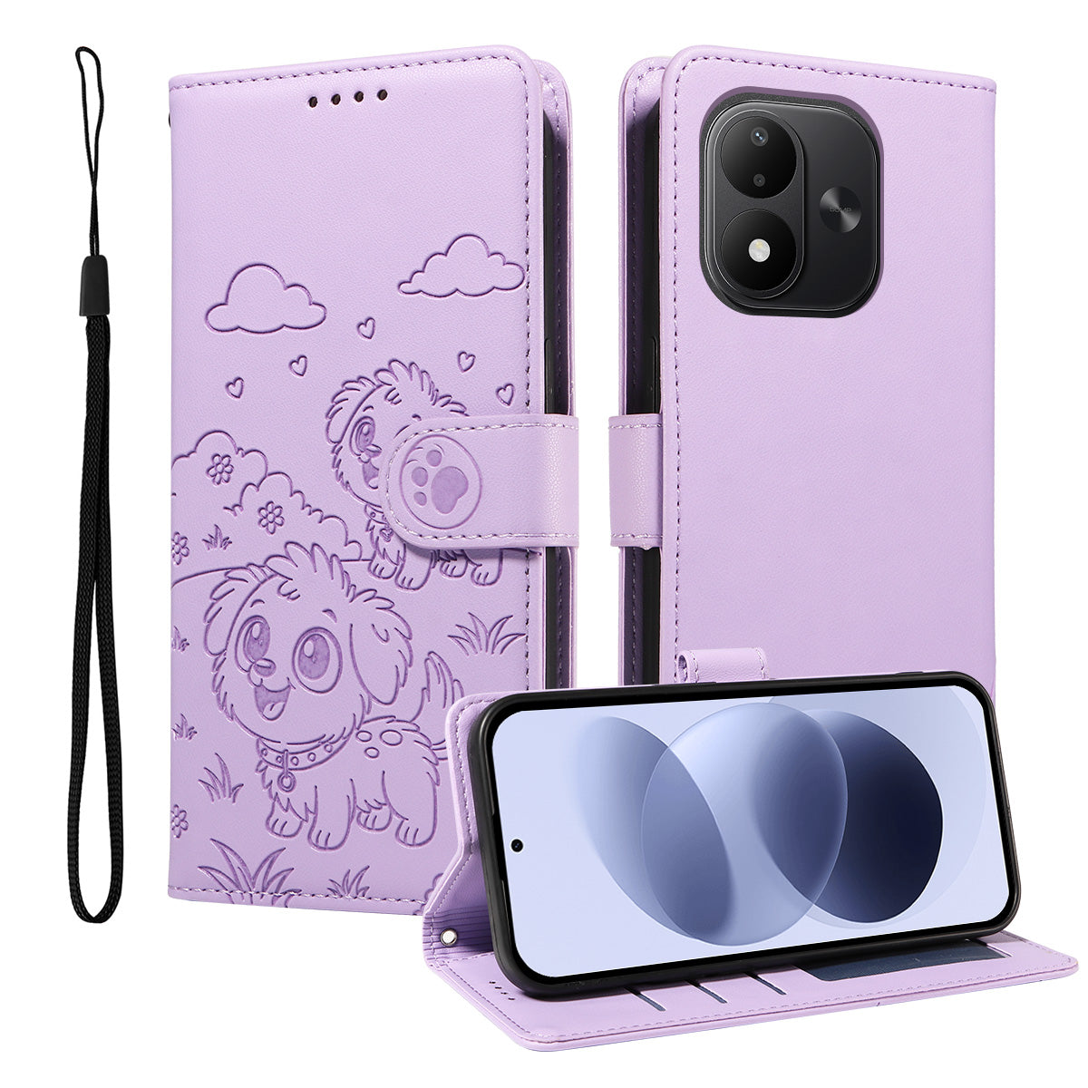 For Xiaomi Redmi Note 17 4G (Global) / Note 17 5G (Global) / Note 17 (India / China) 5G Case RFID Blocking Imprinted Dog Pattern PU Leather Phone Cover with Wrist Strap