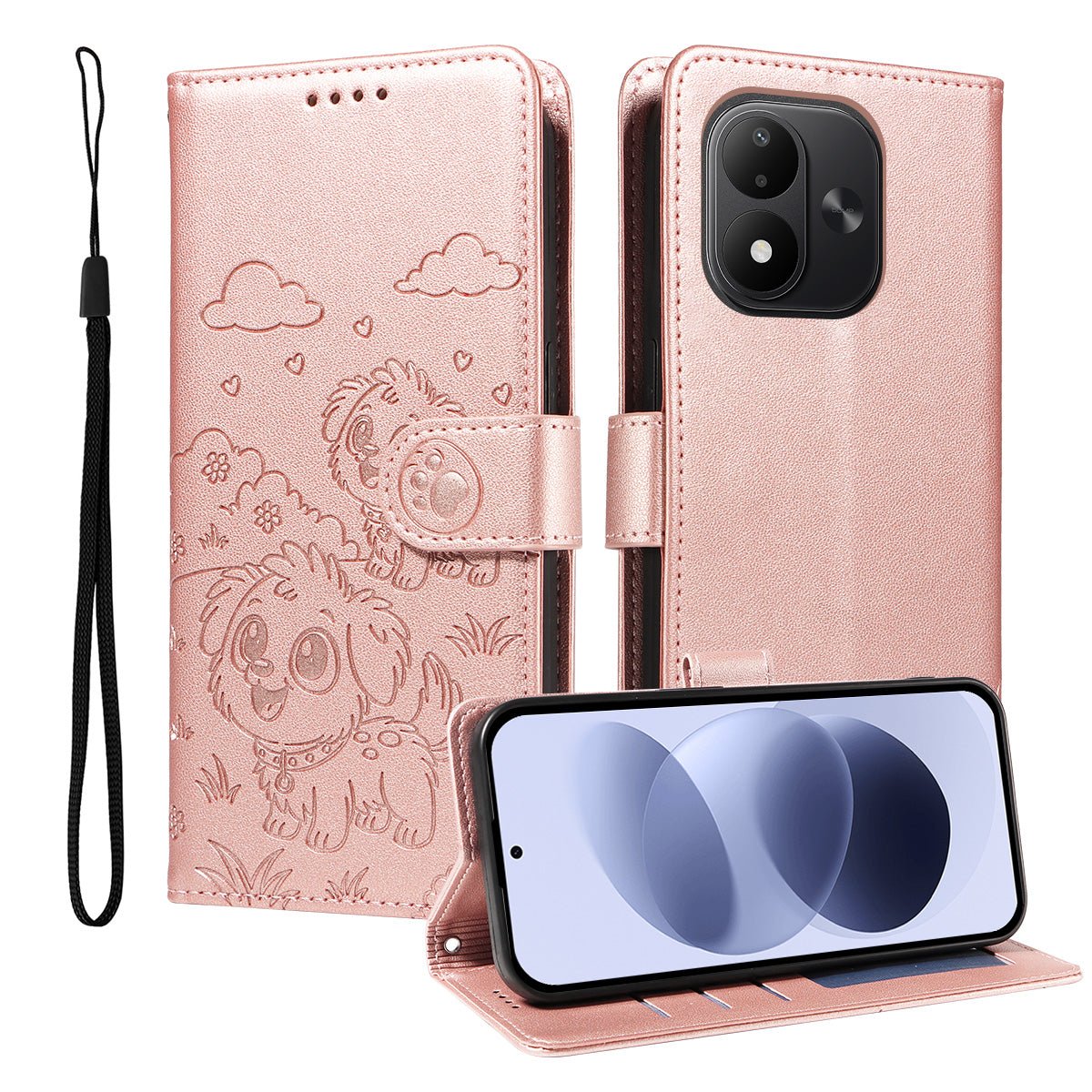 For Xiaomi Redmi Note 17 4G (Global) / Note 17 5G (Global) / Note 17 (India / China) 5G Case RFID Blocking Imprinted Dog Pattern PU Leather Phone Cover with Wrist Strap