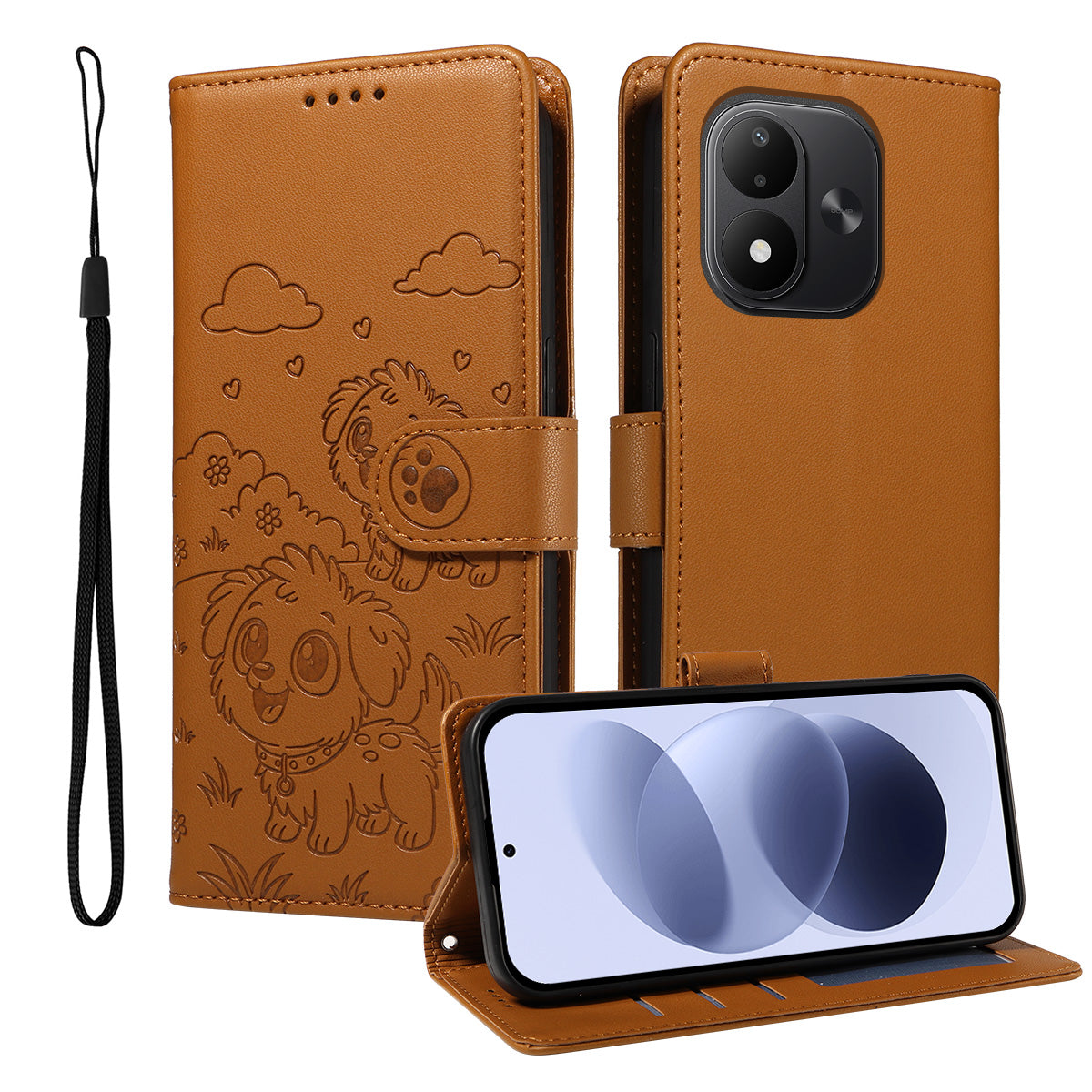 For Xiaomi Redmi Note 17 4G (Global) / Note 17 5G (Global) / Note 17 (India / China) 5G Case RFID Blocking Imprinted Dog Pattern PU Leather Phone Cover with Wrist Strap