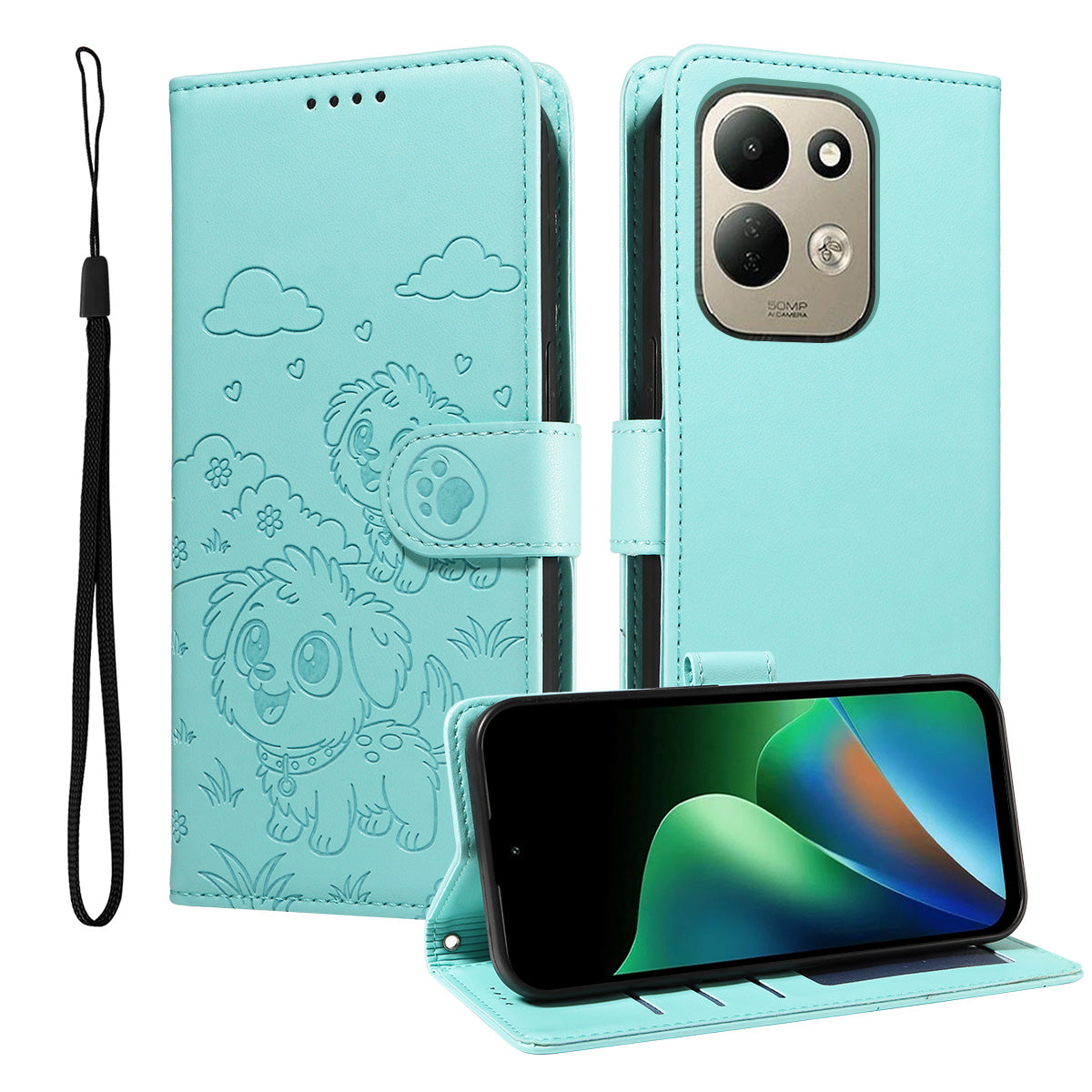 For Xiaomi Redmi 17 5G / Xiaomi Redmi 17 4G Case RFID Blocking Imprinted Dog Pattern PU Leather Phone Cover with Wrist Strap