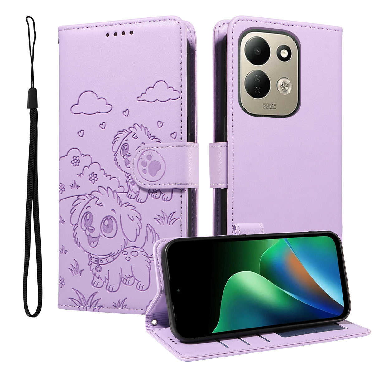 For Xiaomi Redmi 17 5G / Xiaomi Redmi 17 4G Case RFID Blocking Imprinted Dog Pattern PU Leather Phone Cover with Wrist Strap