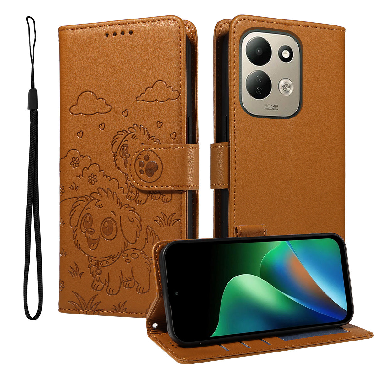 For Xiaomi Redmi 17 5G / Xiaomi Redmi 17 4G Case RFID Blocking Imprinted Dog Pattern PU Leather Phone Cover with Wrist Strap