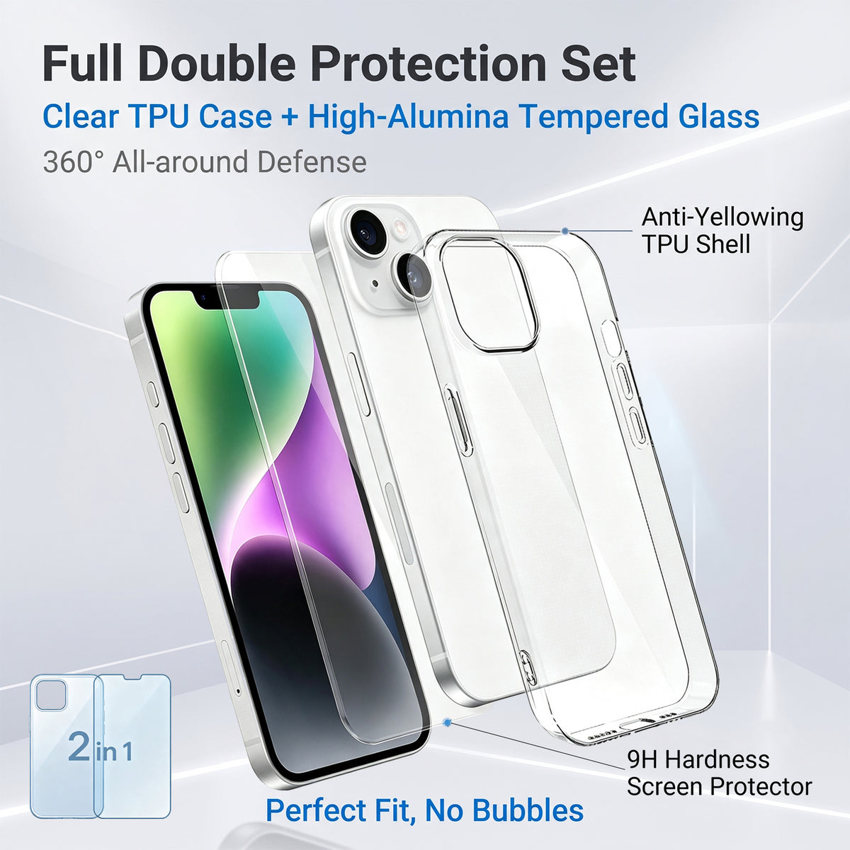Til iPhone 14 Cover 2 i 1 TPU Klart Telefoncover med Skærmbeskytter i Høj Aluminium-silicium Glas