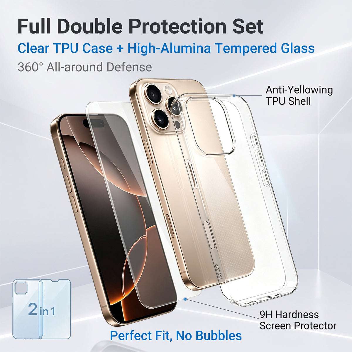 For iPhone 16 Pro Case 2 in 1 TPU Clear Phone Cover with High Aluminium-silicon Glass Screen Protector