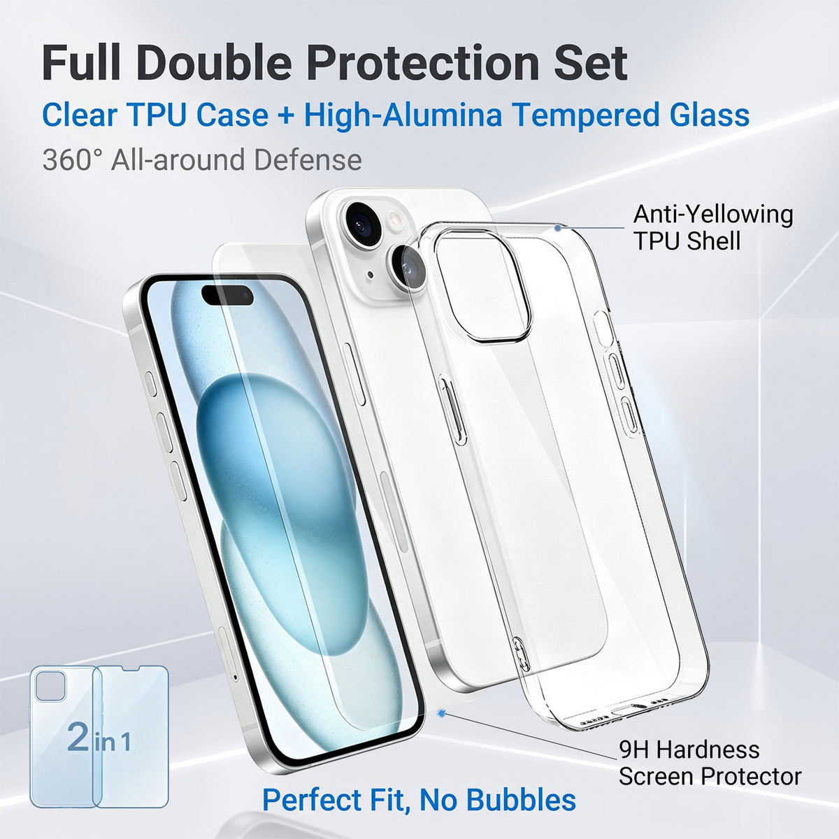 Til iPhone 15 Cover 2-i-1 TPU Gennemsigtigt Telefoncover med Skærmbeskytter i Højkvalitets Aluminium-silicium Glas