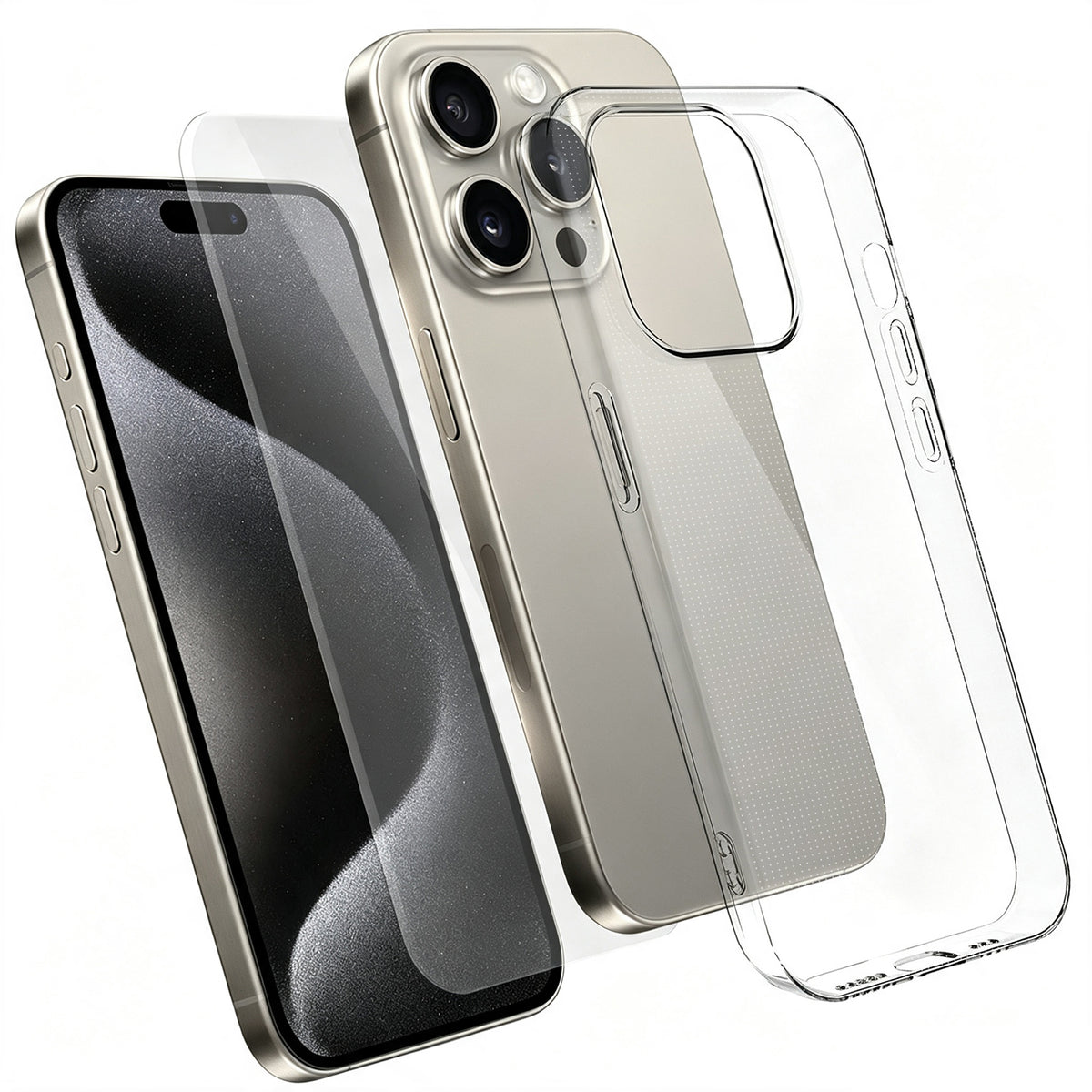 For iPhone 15 Pro Case 2 in 1 TPU Clear Phone Cover with High Aluminium-silicon Glass Screen Protector