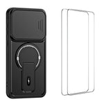 WANLONFENG för Samsung Galaxy A56 5G BT-seriens skal glidande linsskydd, stativ PC + TPU-mobilskal med 2 st. härdat glasfilm