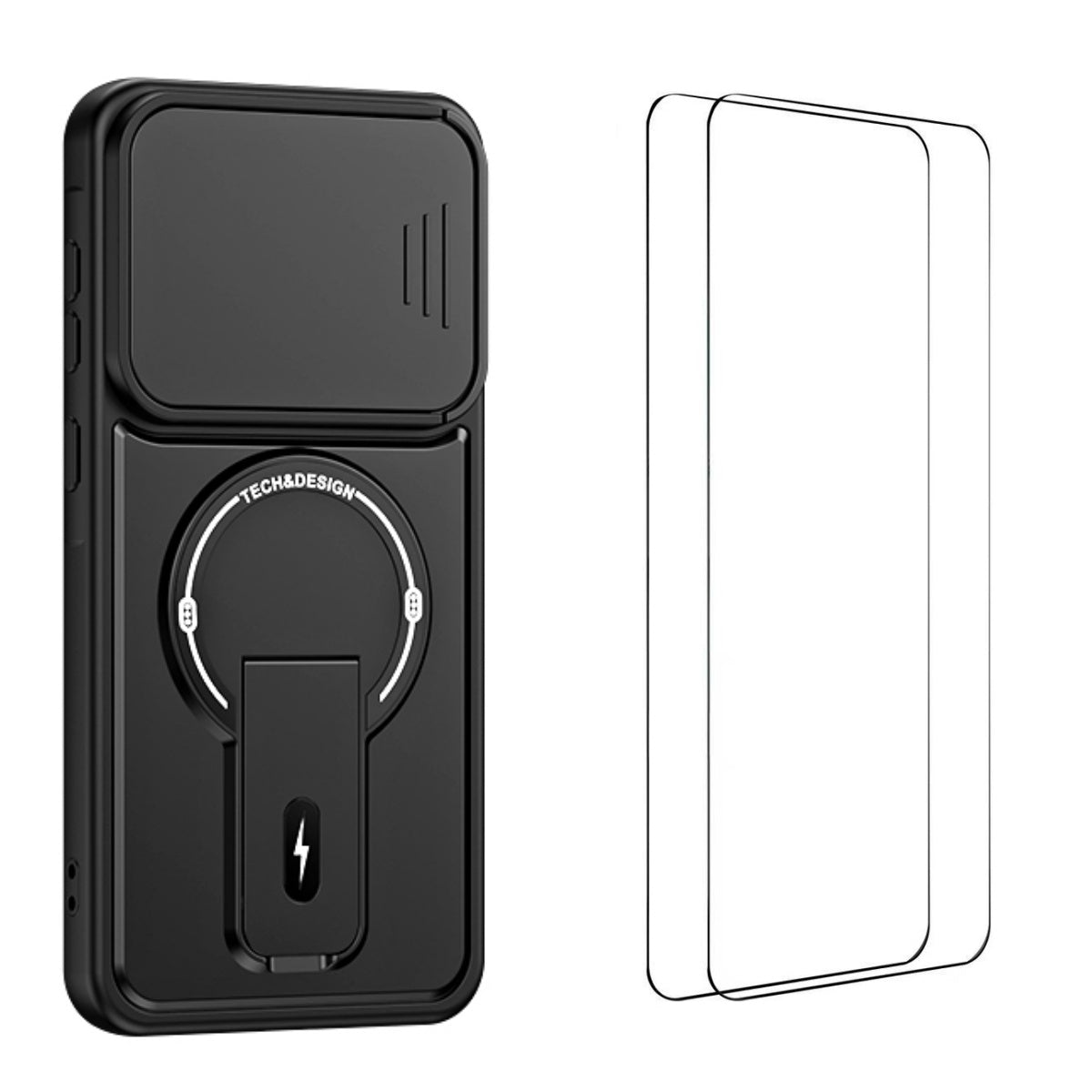 WANLONFENG för Samsung Galaxy A56 5G BT-seriens skal glidande linsskydd, stativ PC + TPU-mobilskal med 2 st. härdat glasfilm