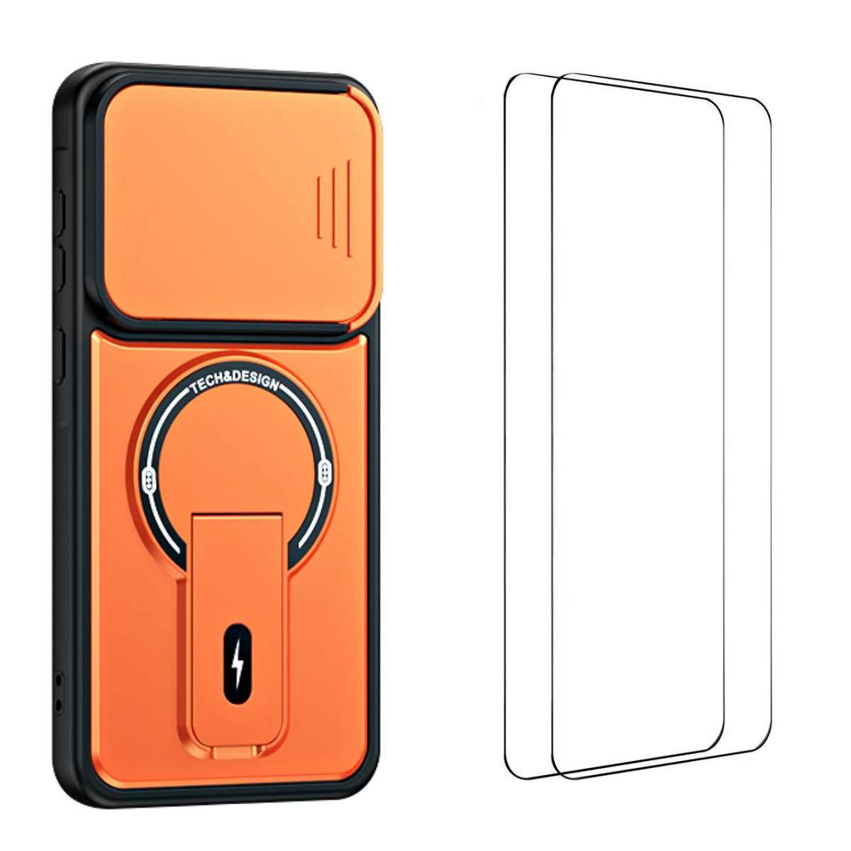 WANLONFENG för Samsung Galaxy A37 5G BT-seriens skal glidande linsskydd, stativ, PC + TPU-mobilskal med 2 st. härdat glasfilm