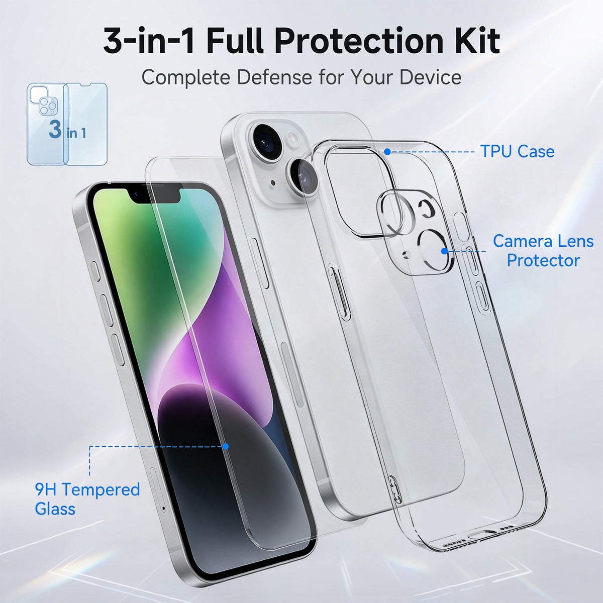 Til iPhone 14 Cover 3-i-1 TPU Gennemsigtigt Telefoncover med Skærmbeskytter i Højkvalitets Aluminium-silicium Glas + Linsebeskytter