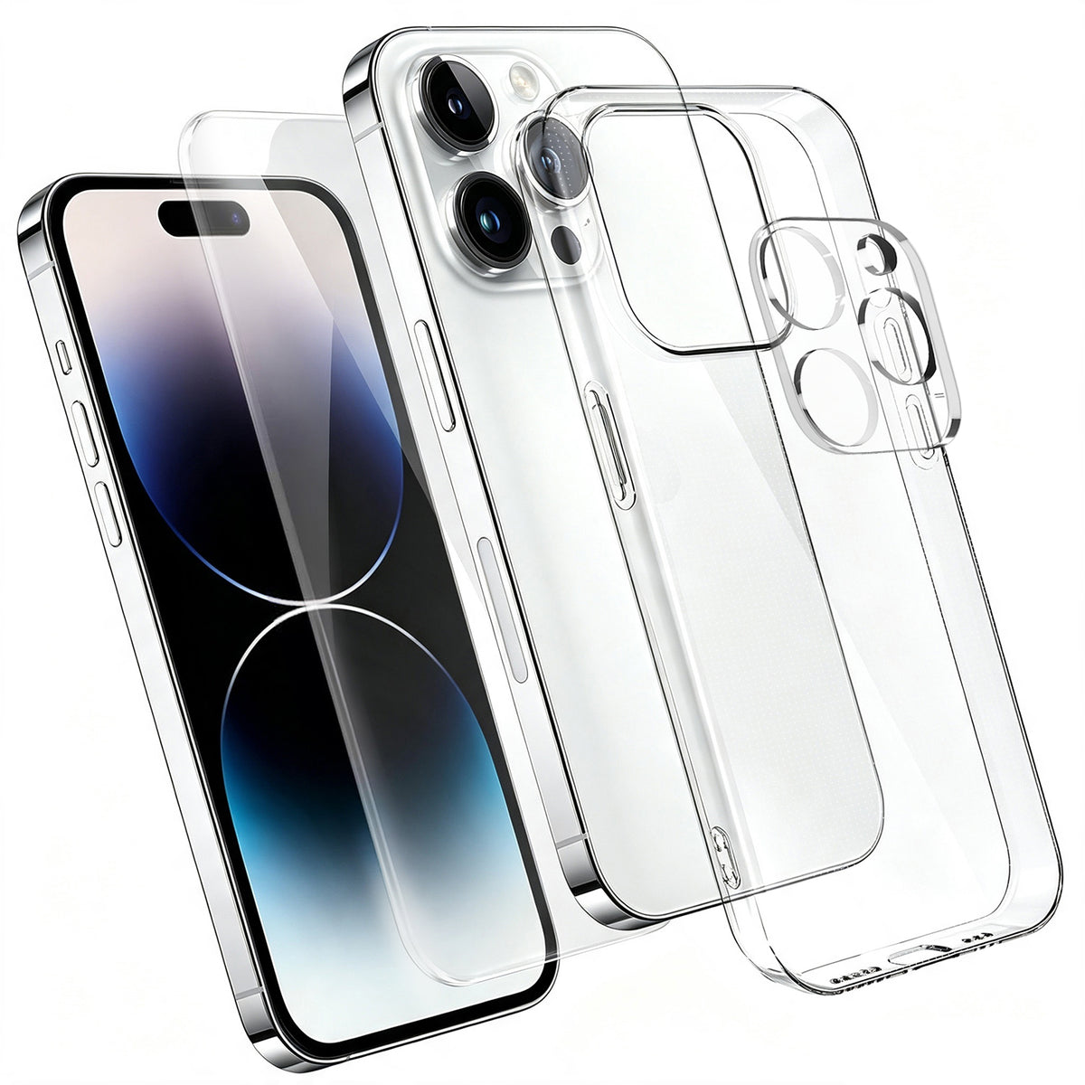 Til iPhone 14 Pro Max etui 3-i-1 TPU klart telefoncover med skærmbeskytter i høj aluminiumsiliciumglas + linsebeskytter