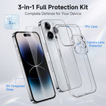 Til iPhone 14 Pro Max etui 3-i-1 TPU klart telefoncover med skærmbeskytter i høj aluminiumsiliciumglas + linsebeskytter