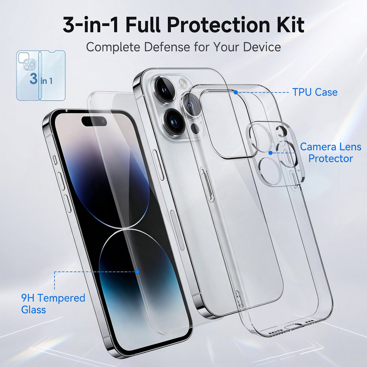Til iPhone 14 Pro Max etui 3-i-1 TPU klart telefoncover med skærmbeskytter i høj aluminiumsiliciumglas + linsebeskytter