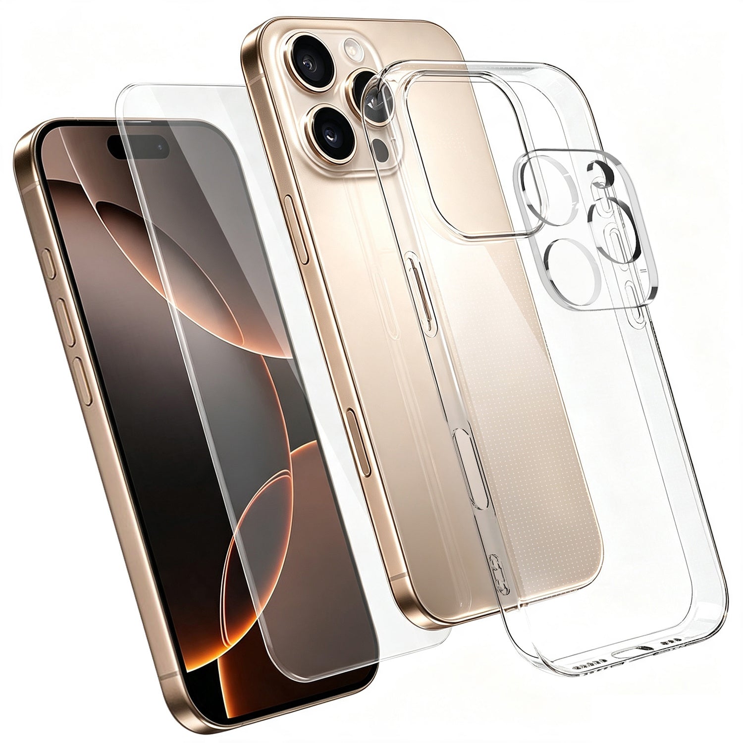 iPhone 16 Pro-skal, 3-i-1 TPU-glas med skärmskydd och linsskydd, klart mobilskal med hög aluminium-kiselglas