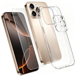 For iPhone 16 Pro Case 3 in 1 TPU Clear Phone Cover with High Aluminium-silicon Glass Screen Protector + Lens Protector