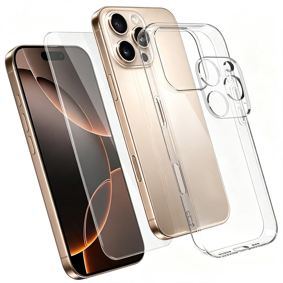 For iPhone 16 Pro Case 3 in 1 TPU Clear Phone Cover with High Aluminium-silicon Glass Screen Protector + Lens Protector