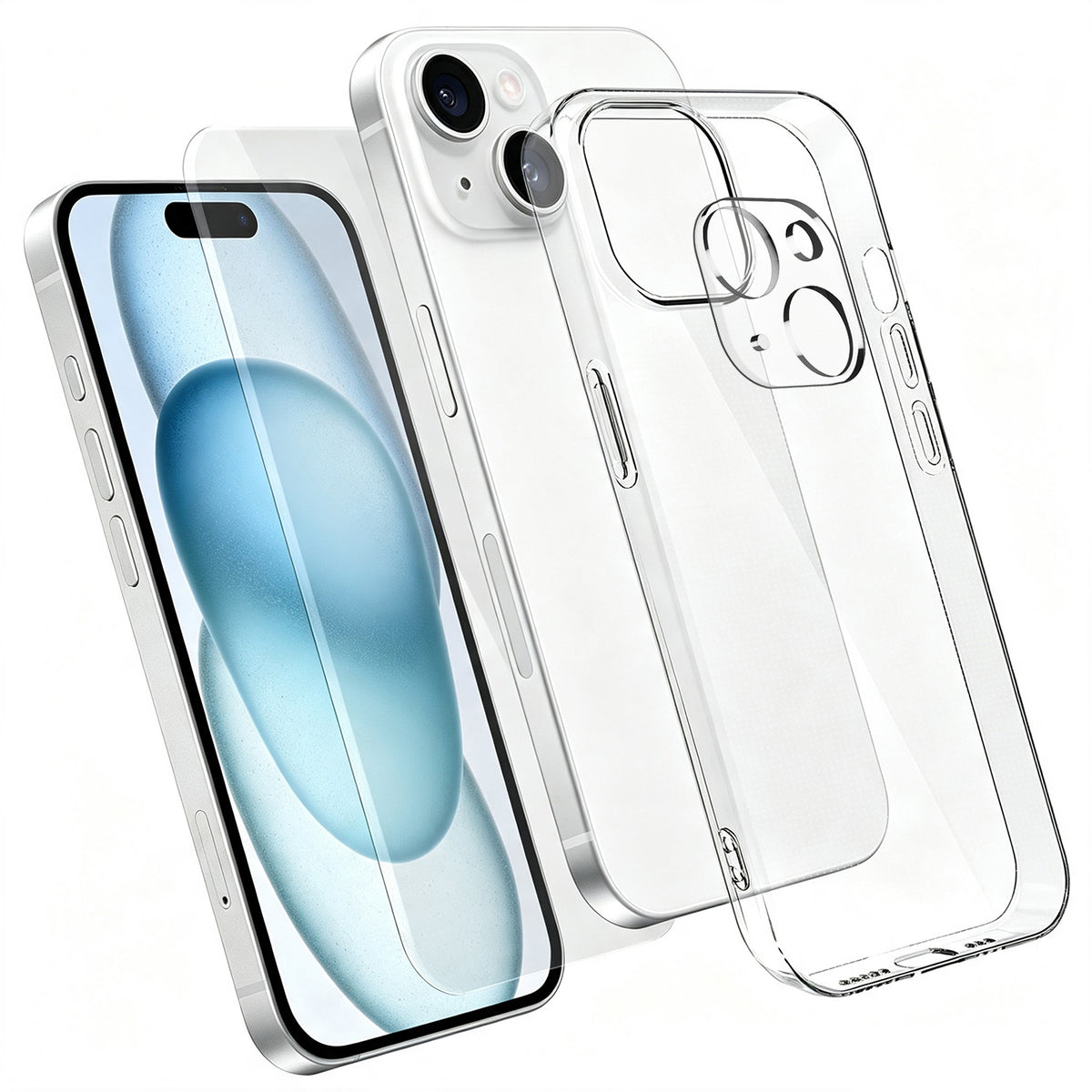 For iPhone 15 Case 3 in 1 TPU Clear Phone Cover with High Aluminium-silicon Glass Screen Protector + Lens Protector