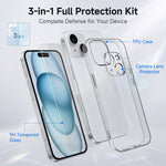 For iPhone 15 Case 3 in 1 TPU Clear Phone Cover with High Aluminium-silicon Glass Screen Protector + Lens Protector