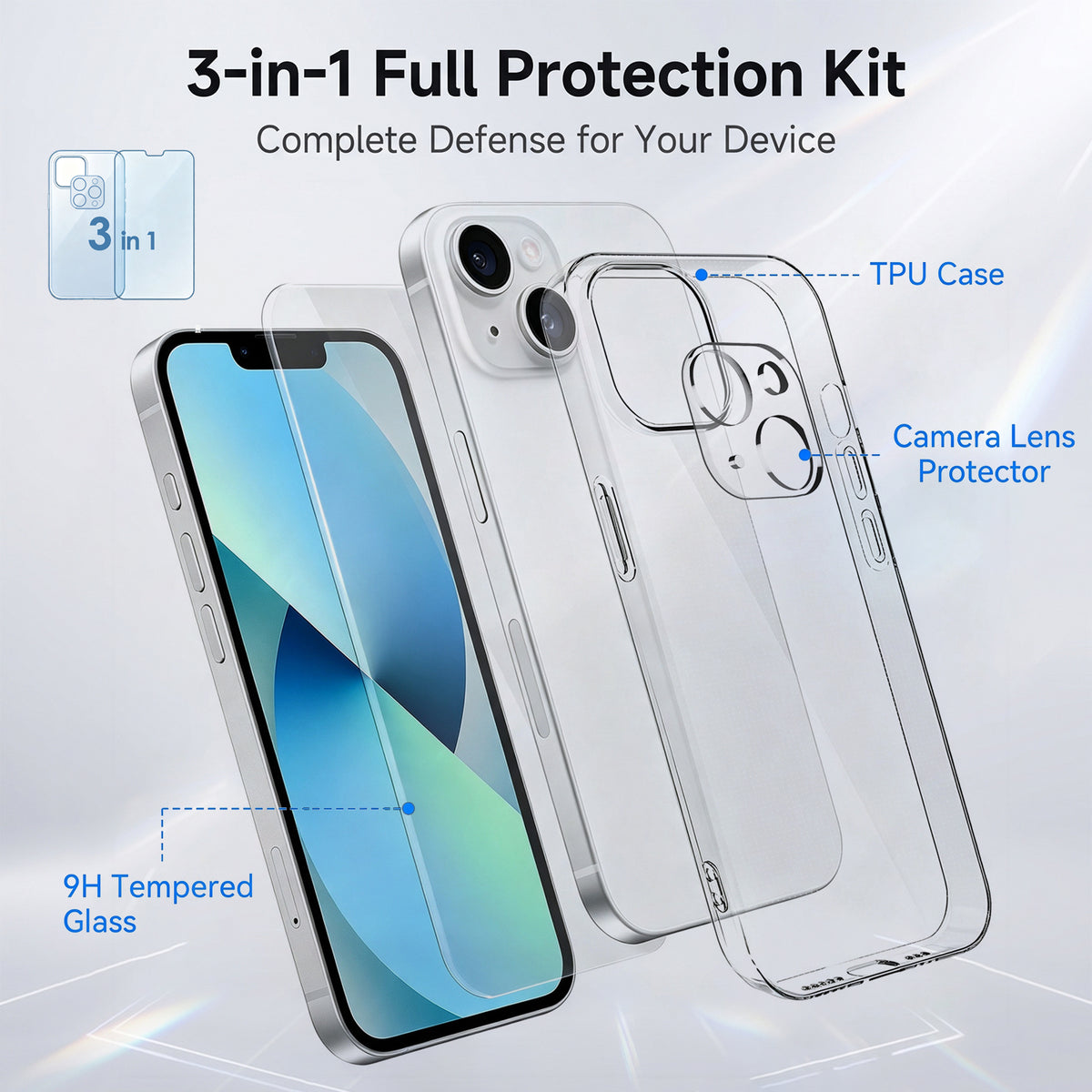 For iPhone 13 Case 3 in 1 TPU Clear Phone Cover with High Aluminium-silicon Glass Screen Protector + Lens Protector