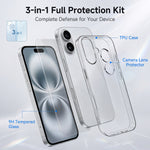 iPhone 16-skal, 3-i-1 TPU-skal med genomskinligt mobilskydd och skärmskydd i högkvalitativt aluminium-kiselglas + linsskydd