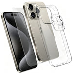 Til iPhone 15 Pro Cover 3-i-1 TPU Gennemsigtigt Telefoncover med Skærmbeskytter i Højkvalitets Aluminium-silikoneglas + Linsebeskytter
