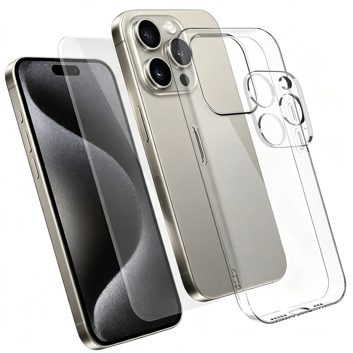 Til iPhone 15 Pro Cover 3-i-1 TPU Gennemsigtigt Telefoncover med Skærmbeskytter i Højkvalitets Aluminium-silikoneglas + Linsebeskytter