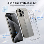 Til iPhone 15 Pro Cover 3-i-1 TPU Gennemsigtigt Telefoncover med Skærmbeskytter i Højkvalitets Aluminium-silikoneglas + Linsebeskytter